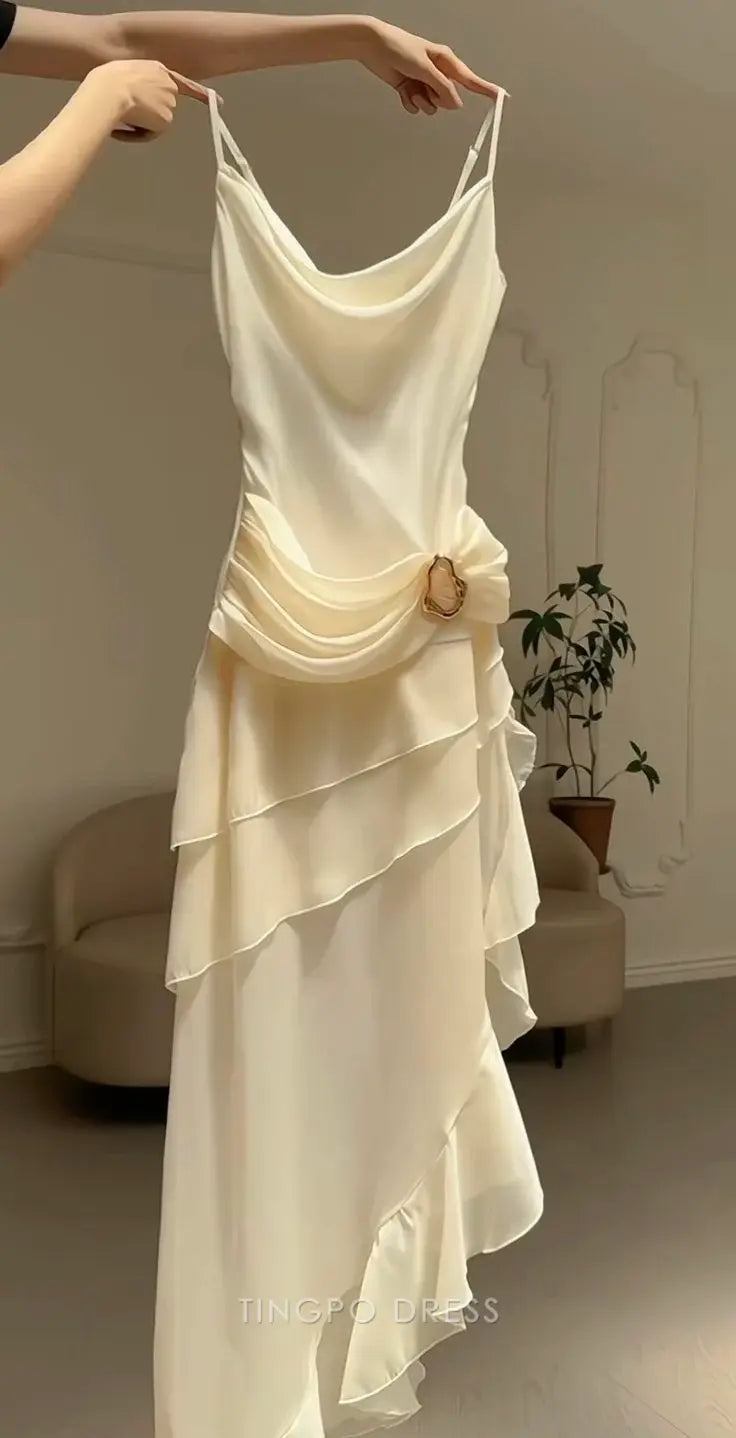 Simple Spaghetti Strap Ruched Asymmetric Ruffle Maxi Dress Prom Dress